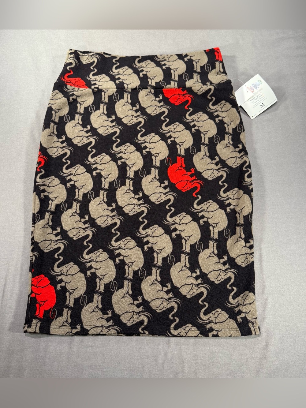 NWT LuLaRoe Cassie Skirt Medium Elephant Print Pencil Skirt Black Gray Red